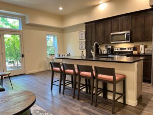 Four stools at a kitchen island